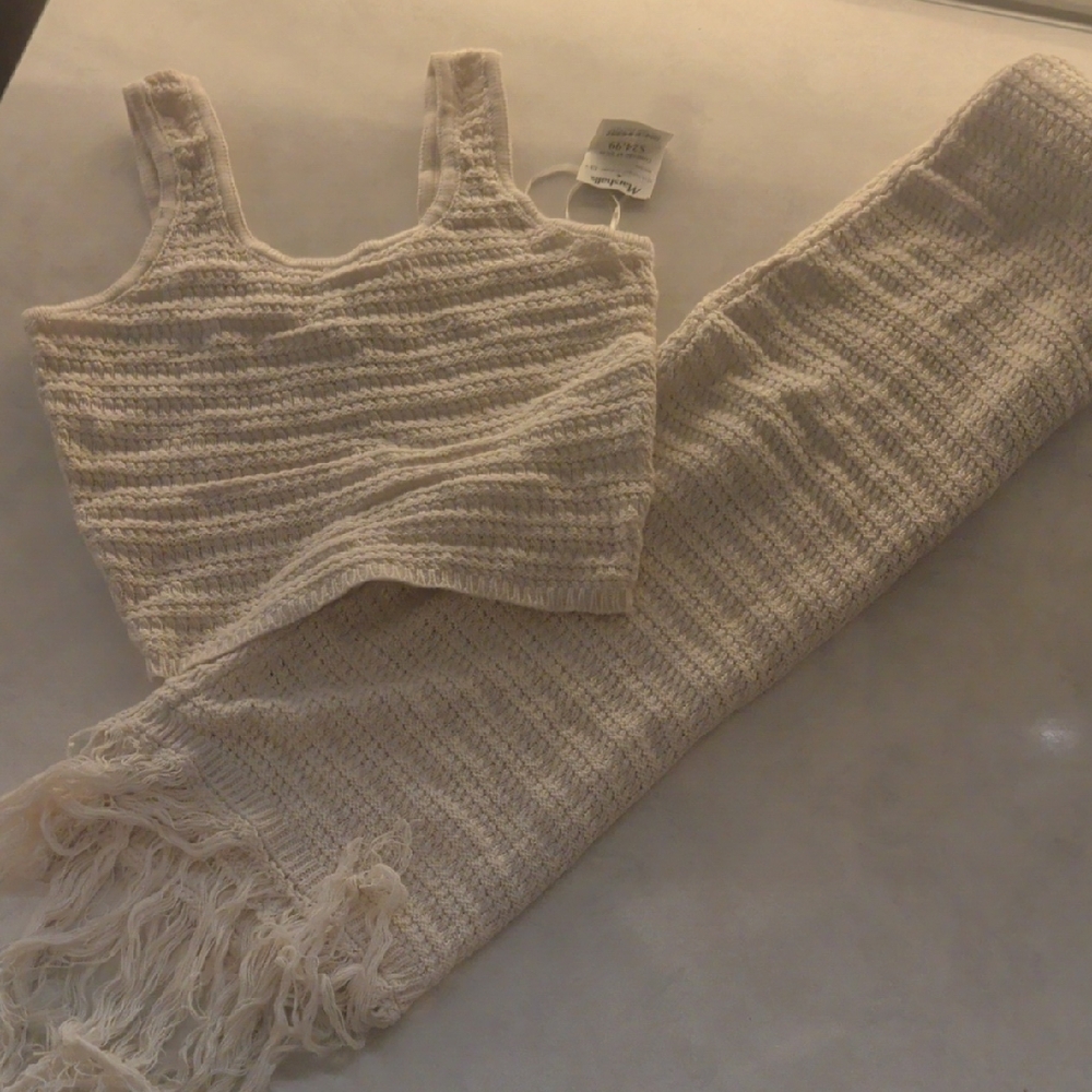 NWT freshman 1996 2-Piece Cream Knit Cropped Tank Top & Fringe Skirt Set - Small